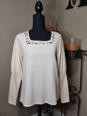 RO+DE Women's Cream Bishop Long-Sleeve Square Neck Top w/ Lace Trim. NWT. Size M